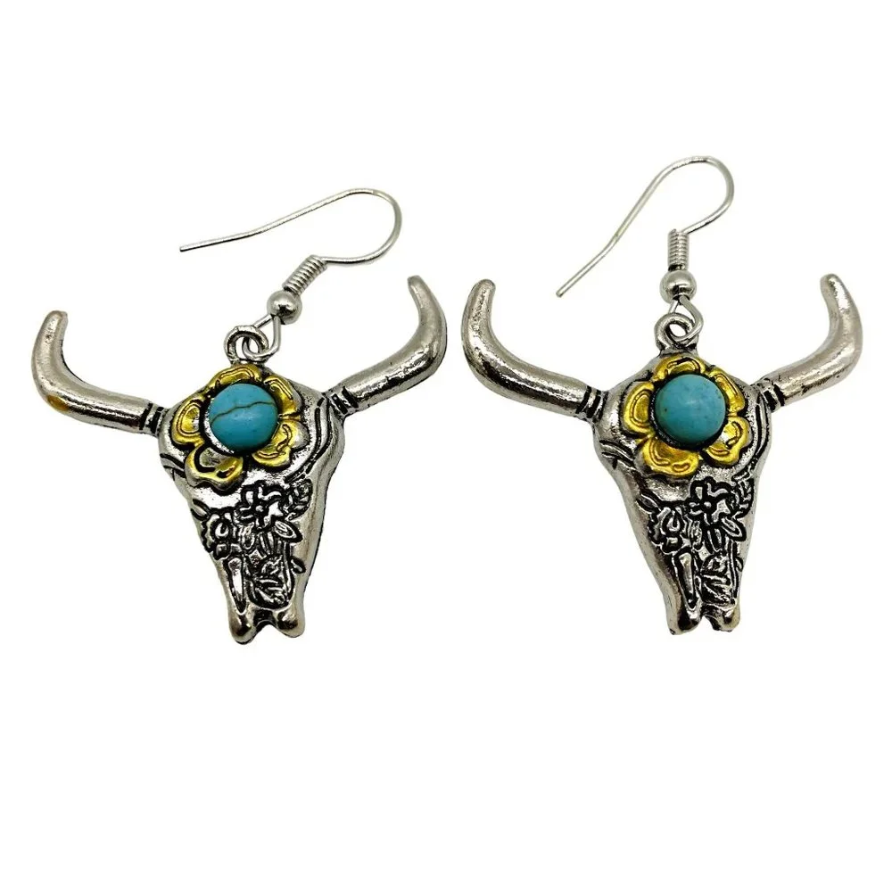 Steer Head Earrings Silver and Faux Turquoise